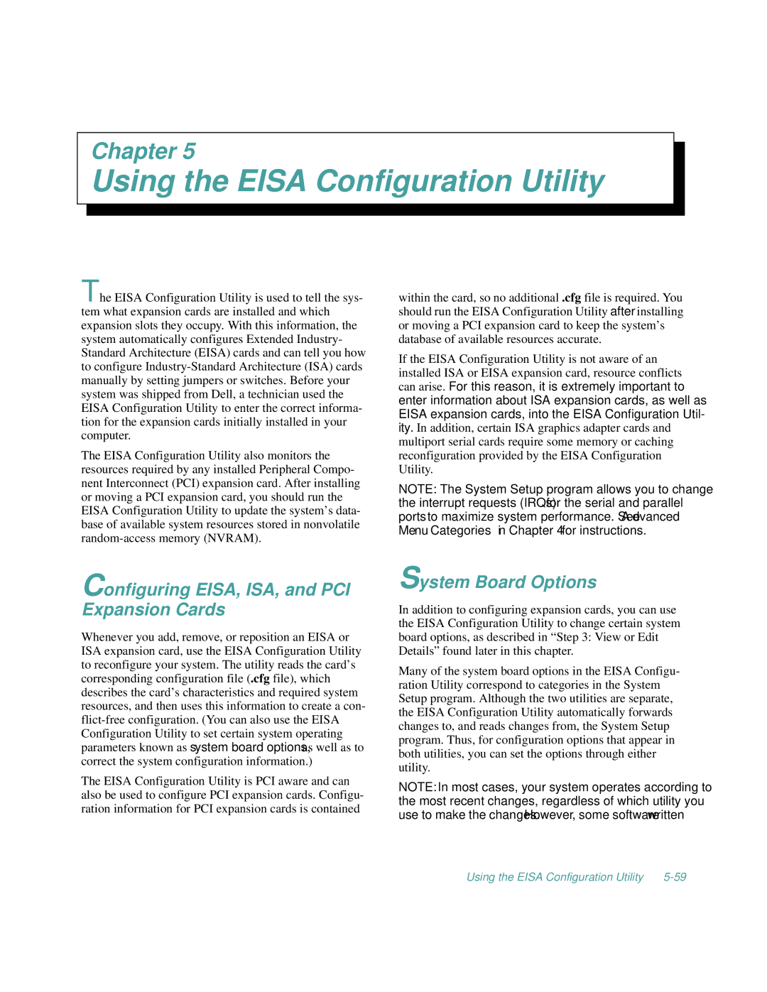 Dell 2100/200 Using the Eisa Configuration Utility, Configuring EISA, ISA, and PCI Expansion Cards, System Board Options 