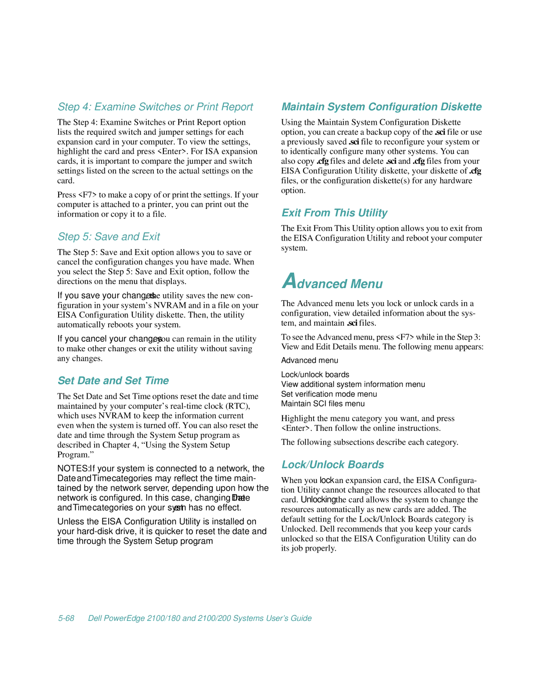 Dell 2100/180 manual Advanced Menu, Set Date and Set Time, Maintain System Configuration Diskette, Exit From This Utility 