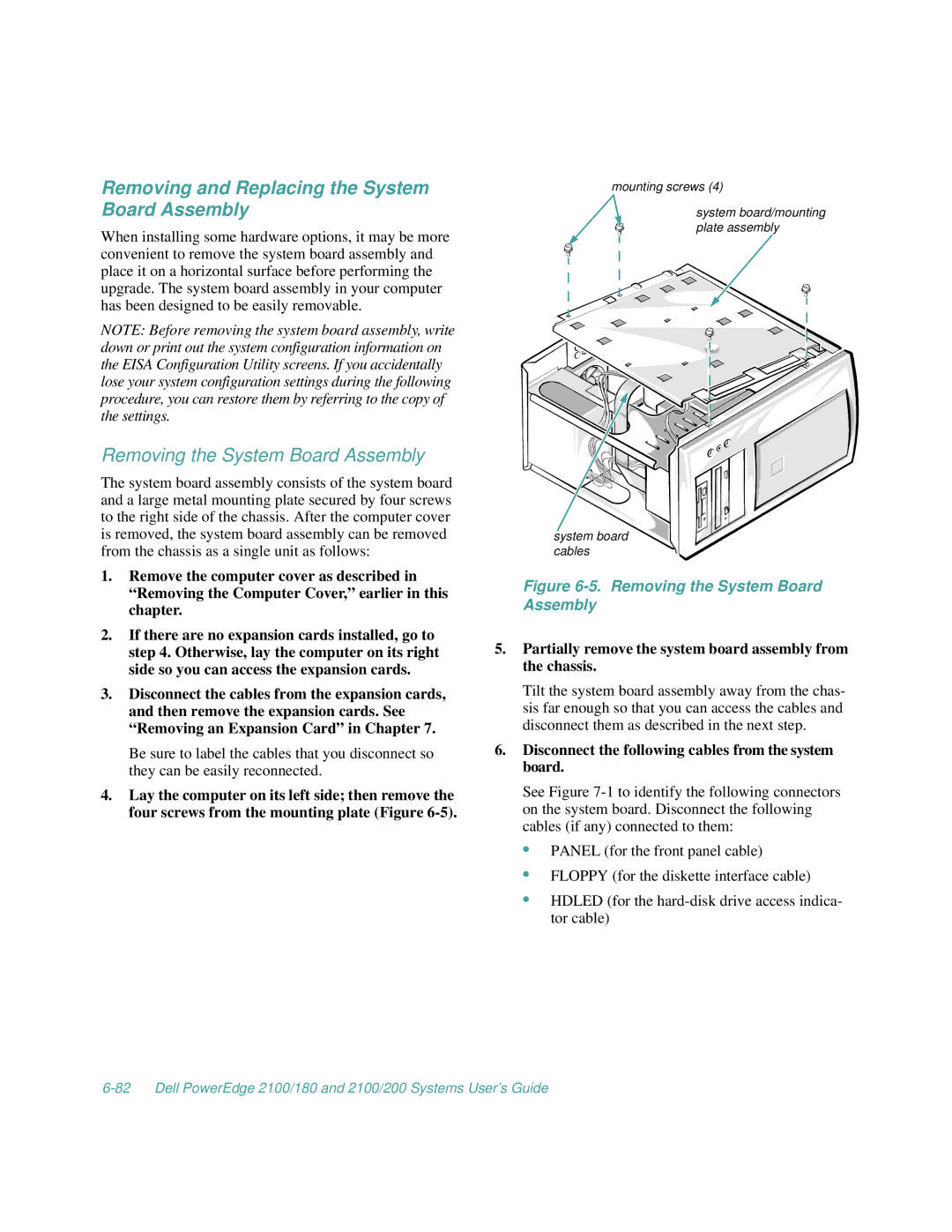 Dell 2100/180, 2100/200 manual Removing and Replacing the System Board Assembly, Removing the System Board Assembly 