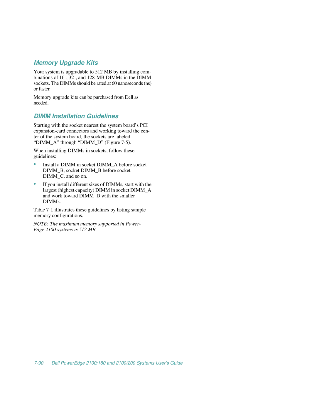 Dell 2100/180, 2100/200 manual Memory Upgrade Kits, Dimm Installation Guidelines 