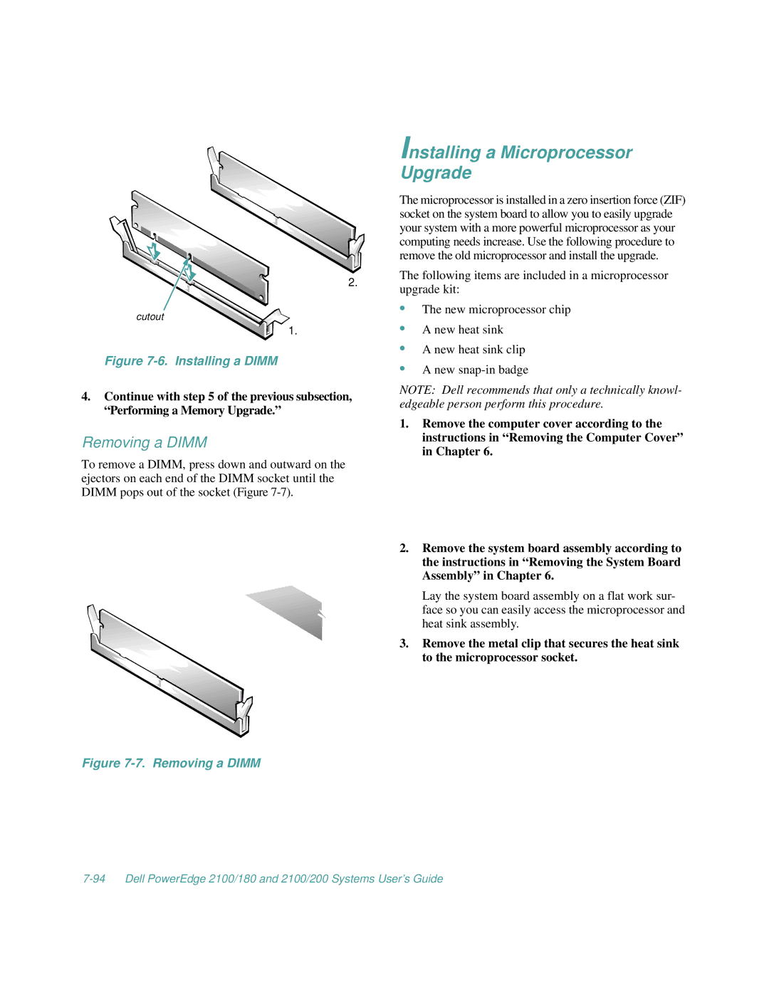 Dell 2100/180, 2100/200 manual Installing a Microprocessor Upgrade, Removing a Dimm 