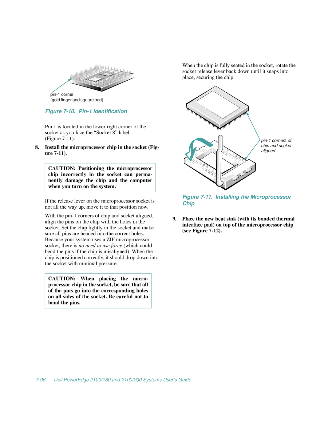 Dell 2100/180, 2100/200 manual Pin-1 Identification, Install the microprocessor chip in the socket Fig- ure 