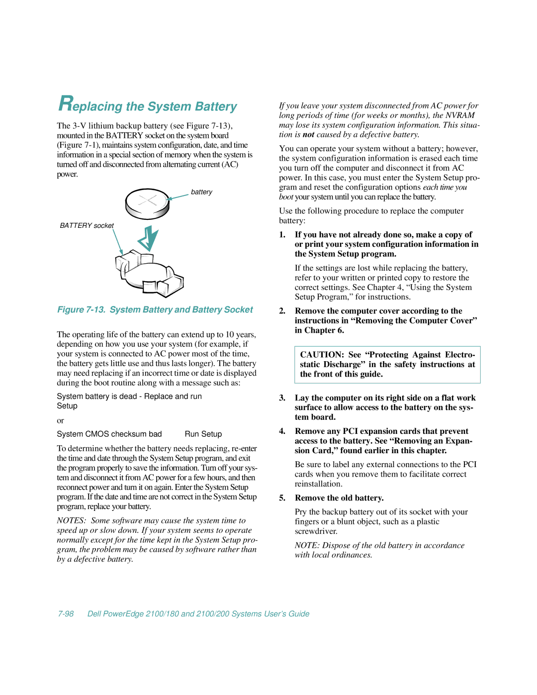 Dell 2100/180, 2100/200 manual Replacing the System Battery, Remove the old battery 
