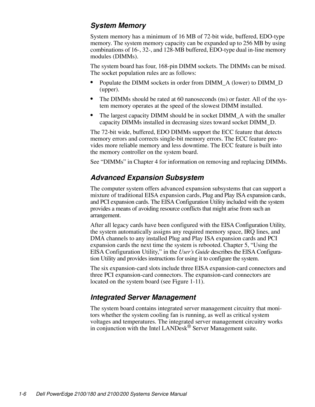 Dell 2100/180 service manual System Memory, Advanced Expansion Subsystem, Integrated Server Management 