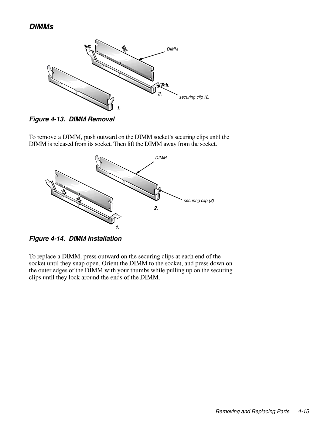 Dell 2100/180 service manual DIMMs, Dimm Removal 