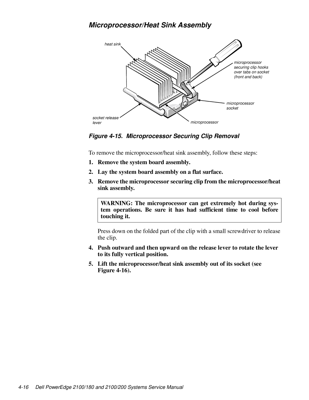 Dell 2100/180 service manual Microprocessor/Heat Sink Assembly, Microprocessor Securing Clip Removal 