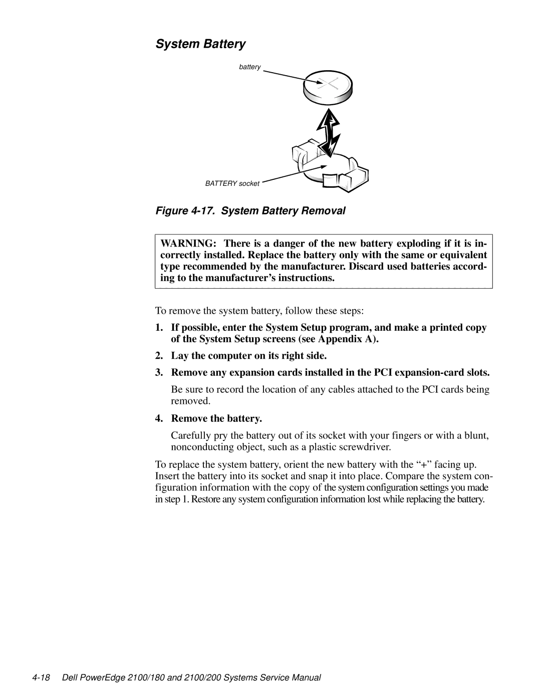 Dell 2100/180 service manual System Battery, Remove the battery 