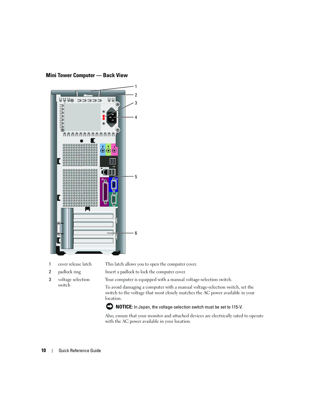 Dell 210L manual Mini Tower Computer Back View, Cover release latch Padlock ring 