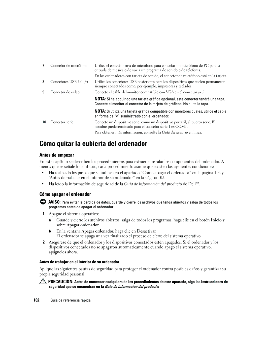 Dell 210L manual Cómo quitar la cubierta del ordenador, Antes de empezar, Cómo apagar el ordenador, 102 