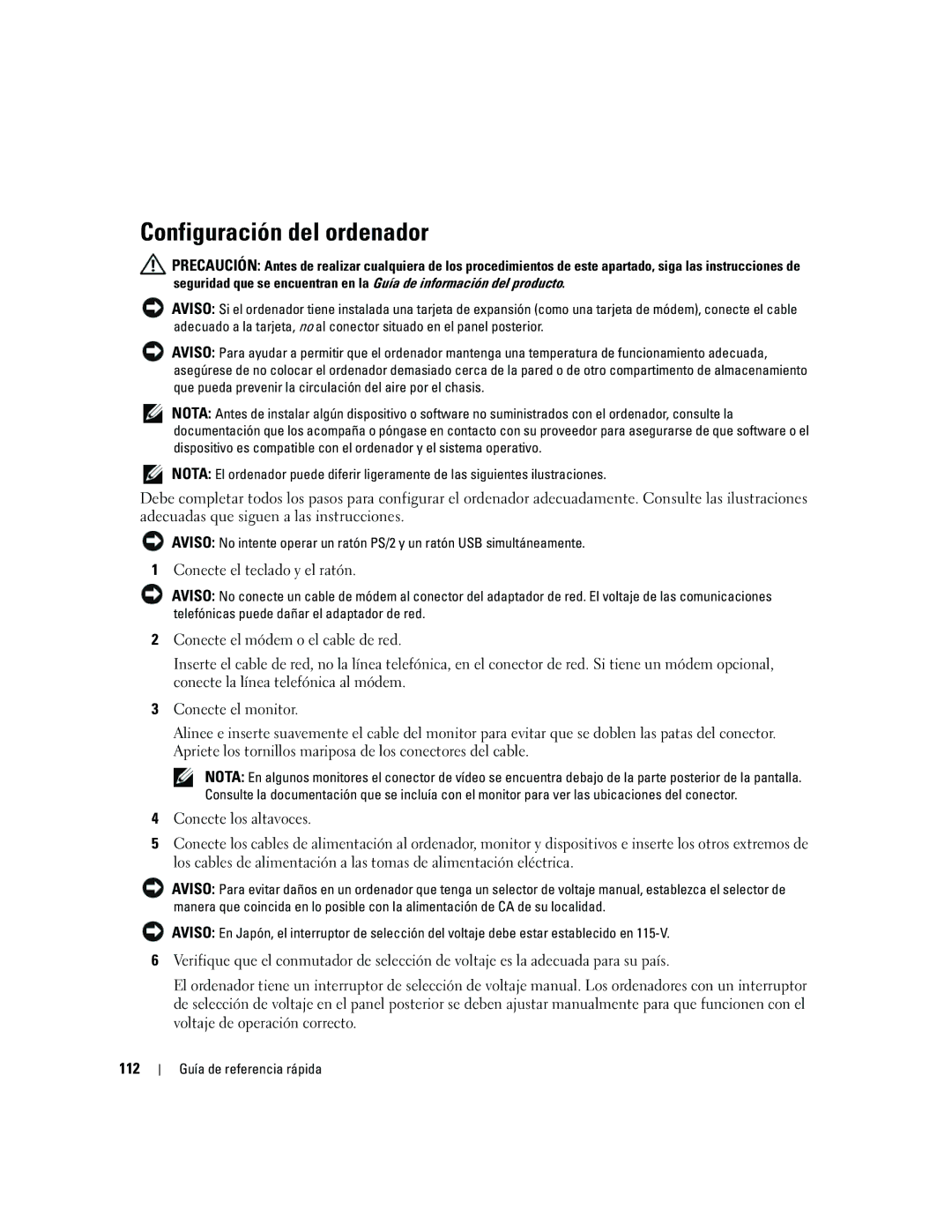 Dell 210L manual Configuración del ordenador, 112 