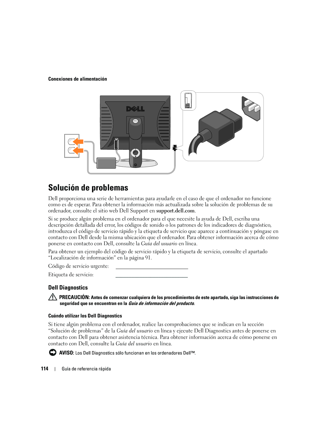 Dell 210L manual Solución de problemas, Conexiones de alimentación, Cuándo utilizar los Dell Diagnostics, 114 