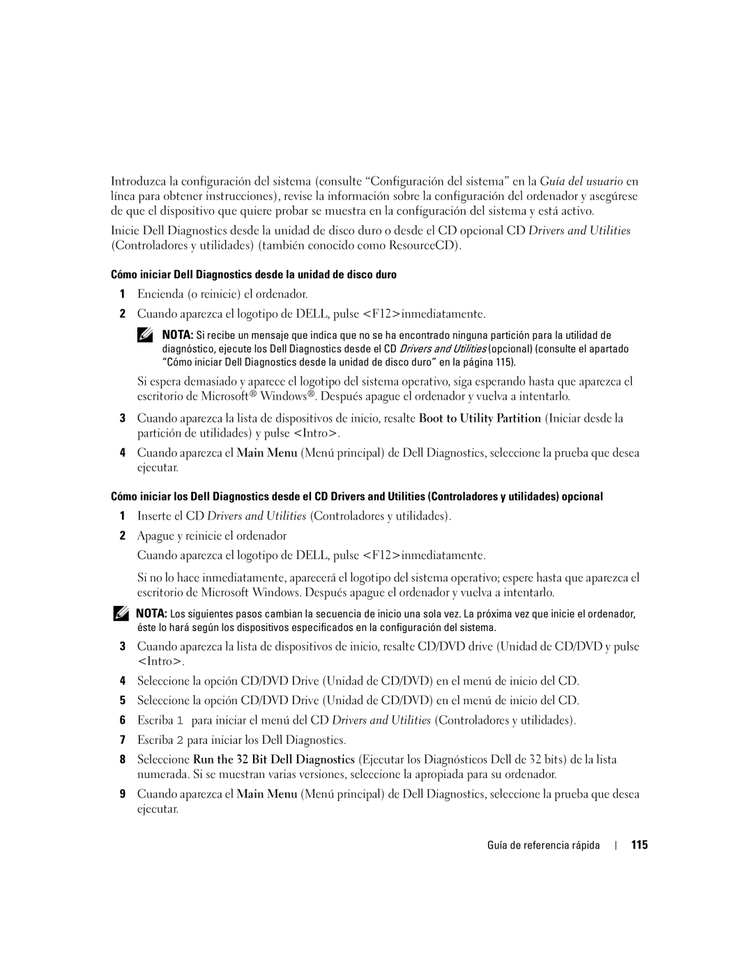 Dell 210L manual Cómo iniciar Dell Diagnostics desde la unidad de disco duro, 115 