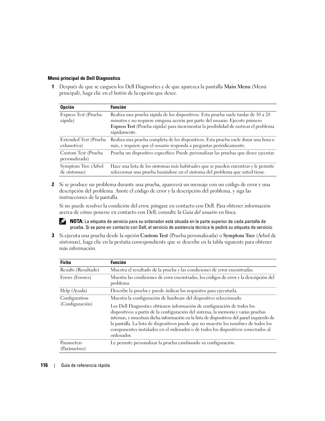 Dell 210L manual Menú principal de Dell Diagnostics, 116, Opción Función, Ficha Función 