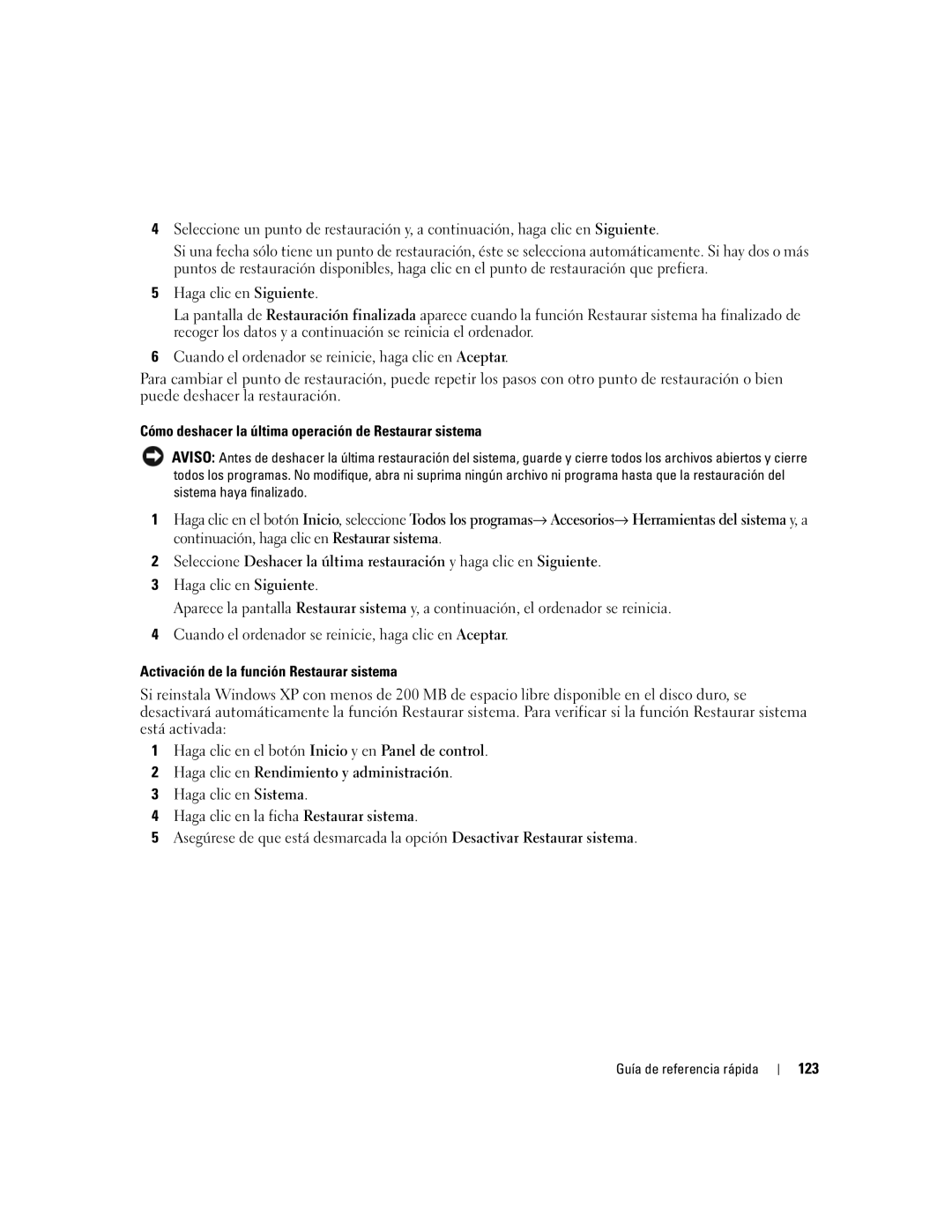 Dell 210L manual Cómo deshacer la última operación de Restaurar sistema, Activación de la función Restaurar sistema, 123 