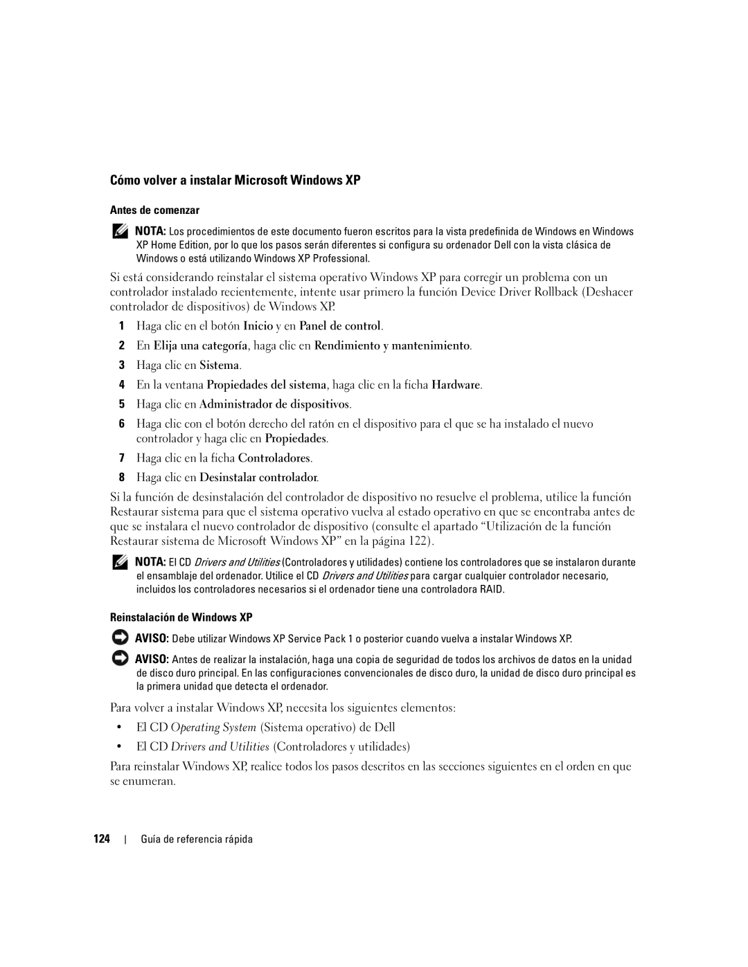 Dell 210L manual Cómo volver a instalar Microsoft Windows XP 