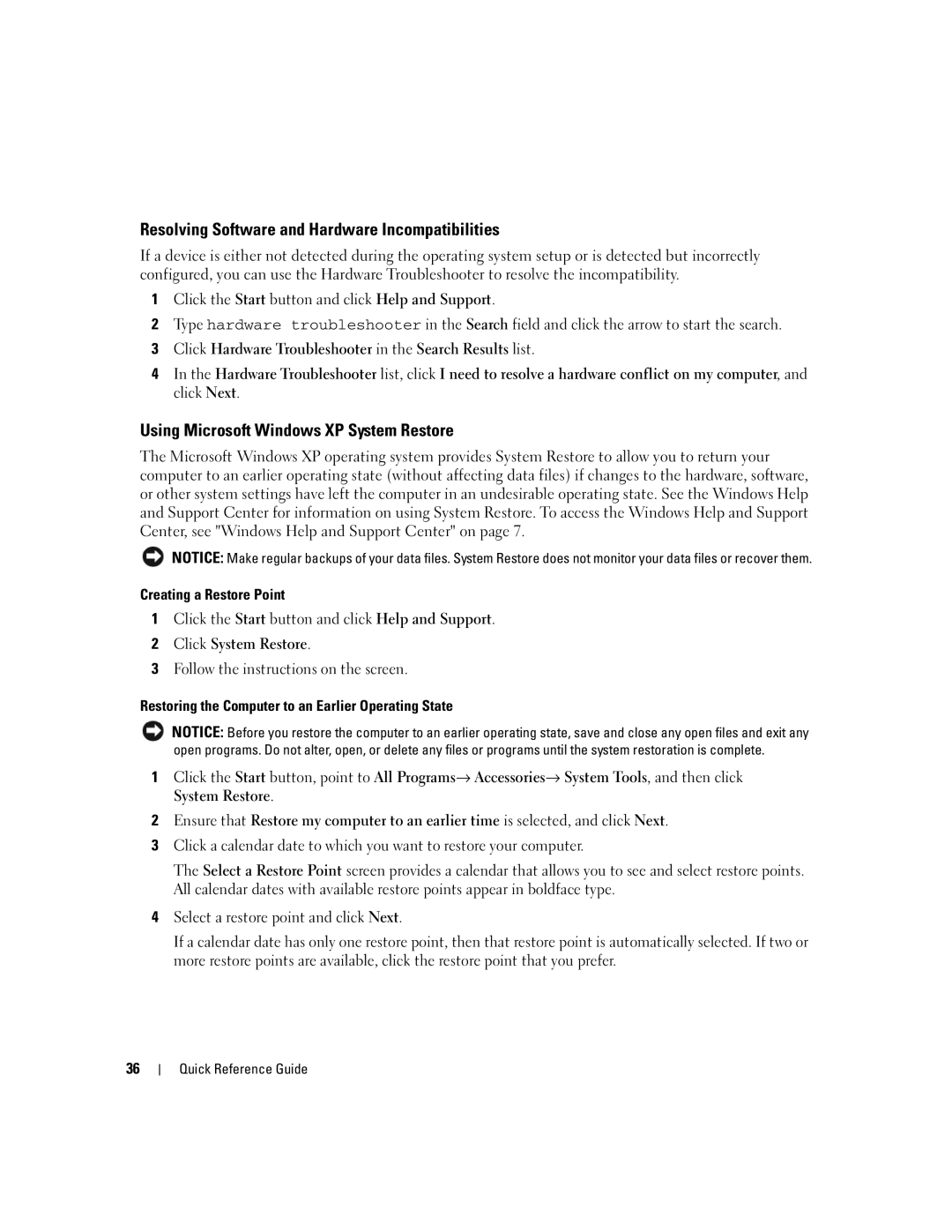 Dell 210L manual Resolving Software and Hardware Incompatibilities, Using Microsoft Windows XP System Restore 