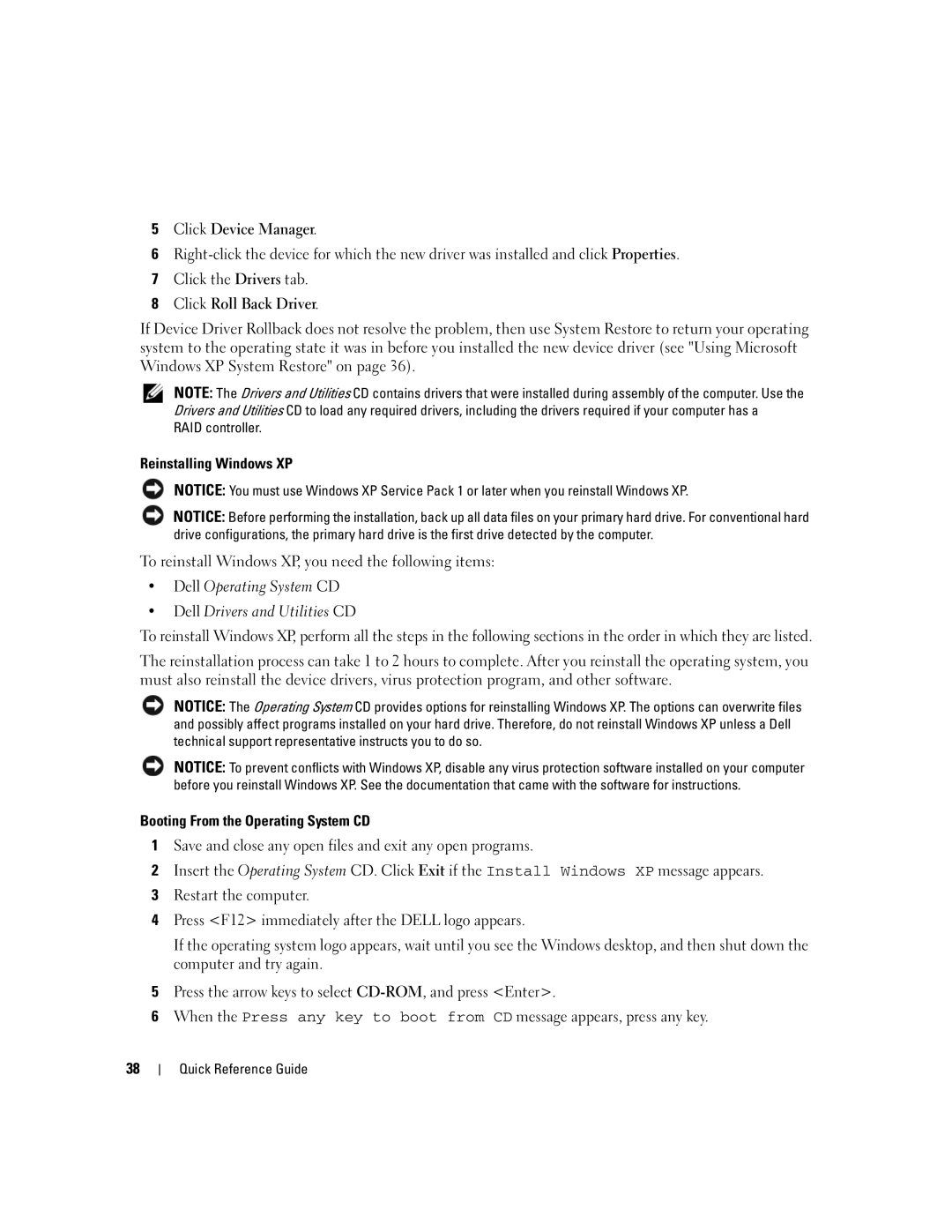 Dell 210L Click Device Manager, Click Roll Back Driver, Reinstalling Windows XP, Booting From the Operating System CD 