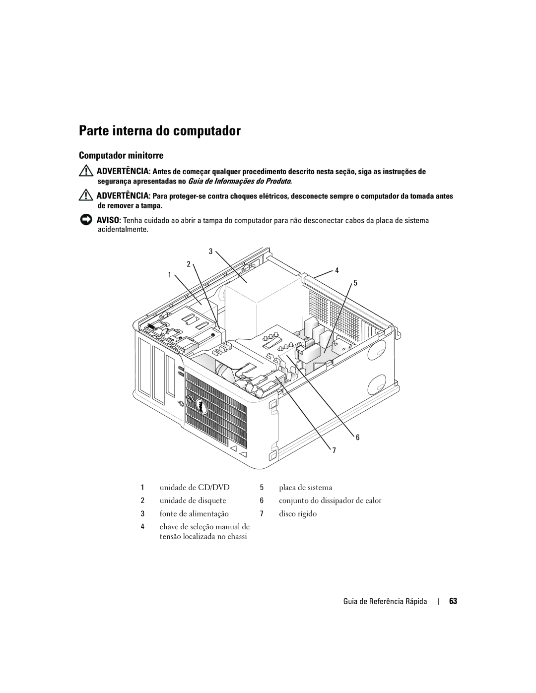 Dell 210L manual Parte interna do computador, Computador minitorre 