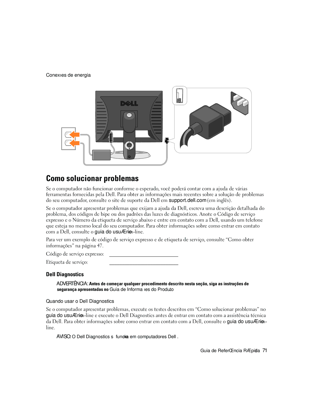 Dell 210L manual Como solucionar problemas, Conexões de energia, Etiqueta de serviço, Código de serviço expresso 