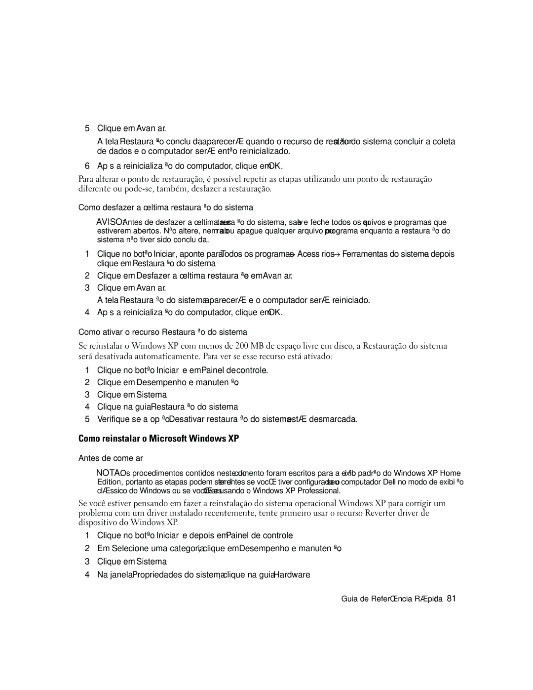 Dell 210L manual Como reinstalar o Microsoft Windows XP, Clique na guia Restauração do sistema, Antes de começar 