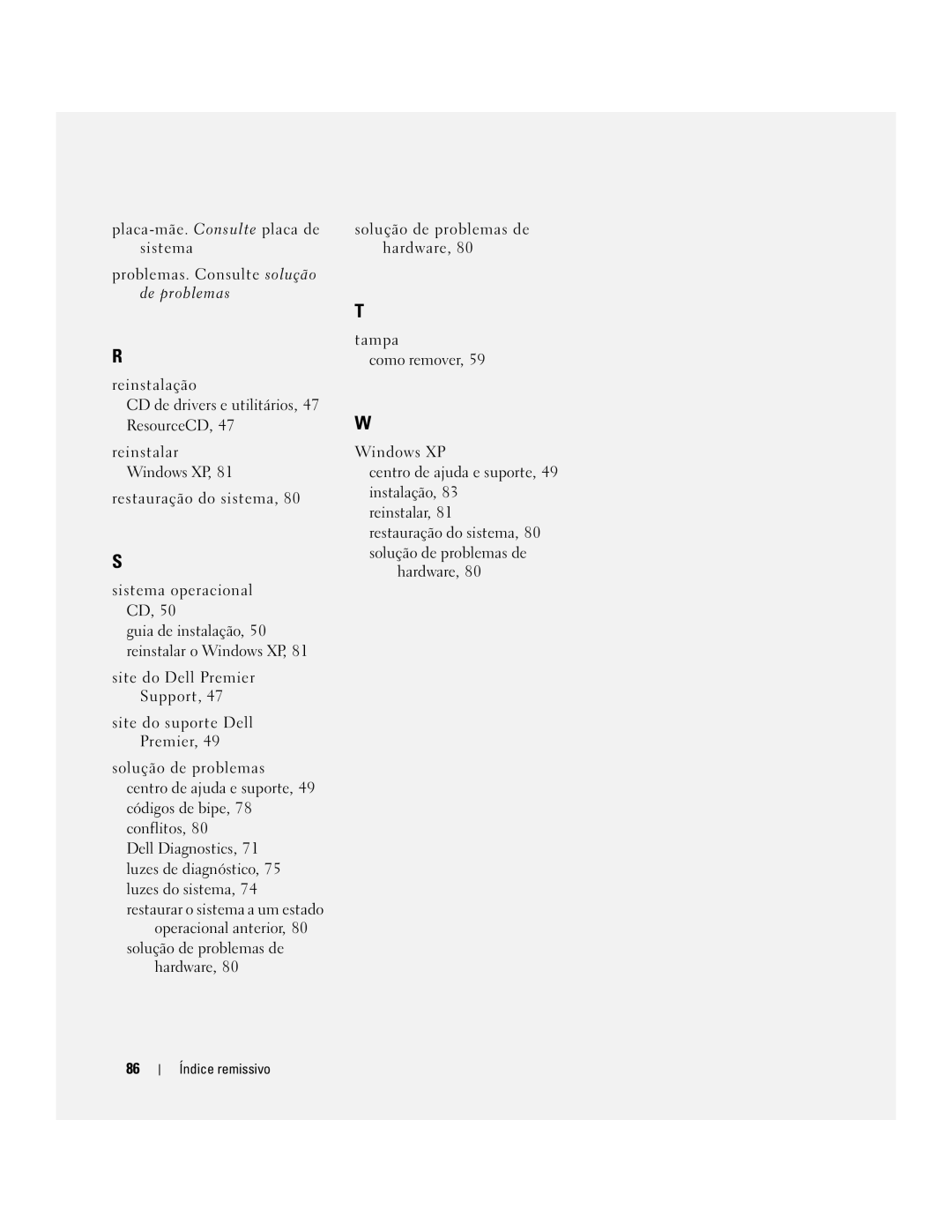 Dell 210L manual Guia de instalação, 50 reinstalar o Windows XP, Restauração do sistema, 80 solução de problemas de 