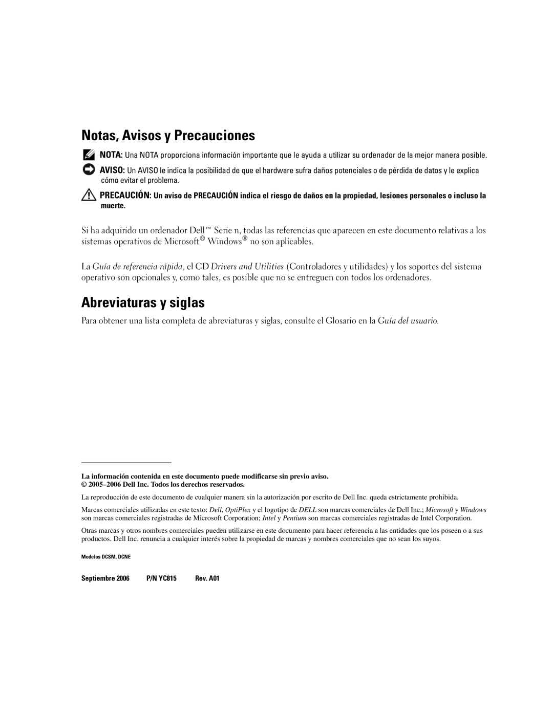 Dell 210L manual Notas, Avisos y Precauciones, Abreviaturas y siglas 