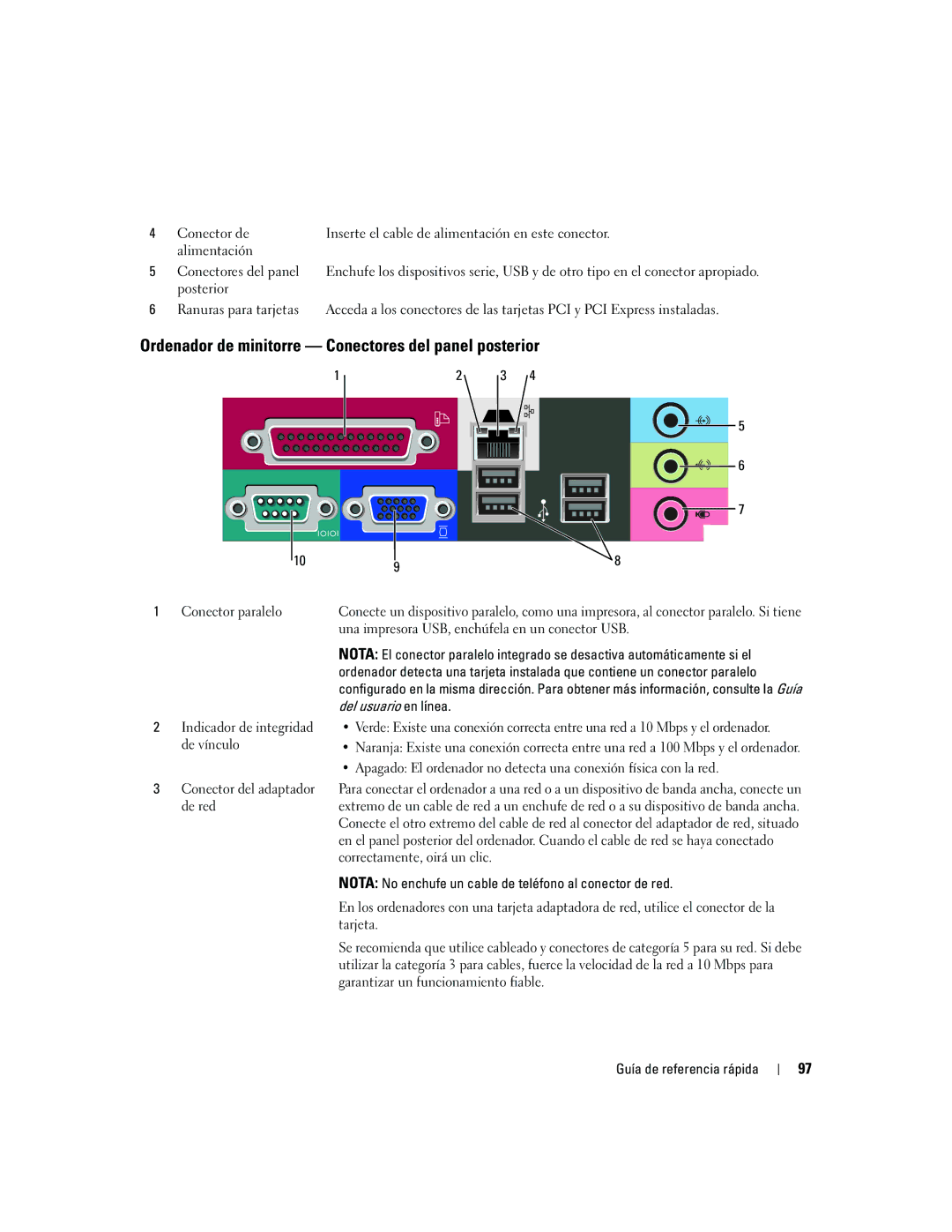 Dell 210L manual Ordenador de minitorre Conectores del panel posterior 