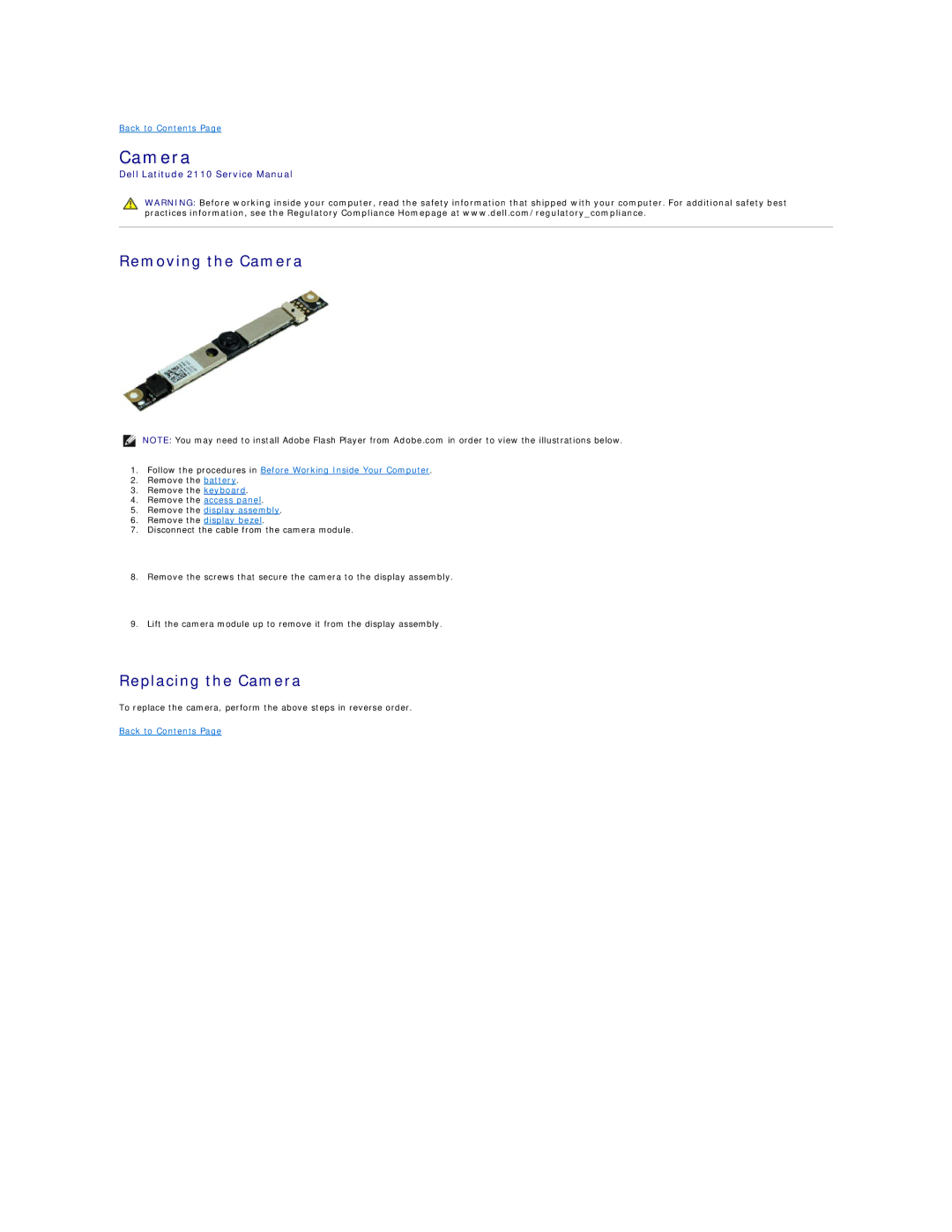 Dell 2110 service manual Removing the Camera, Replacing the Camera 