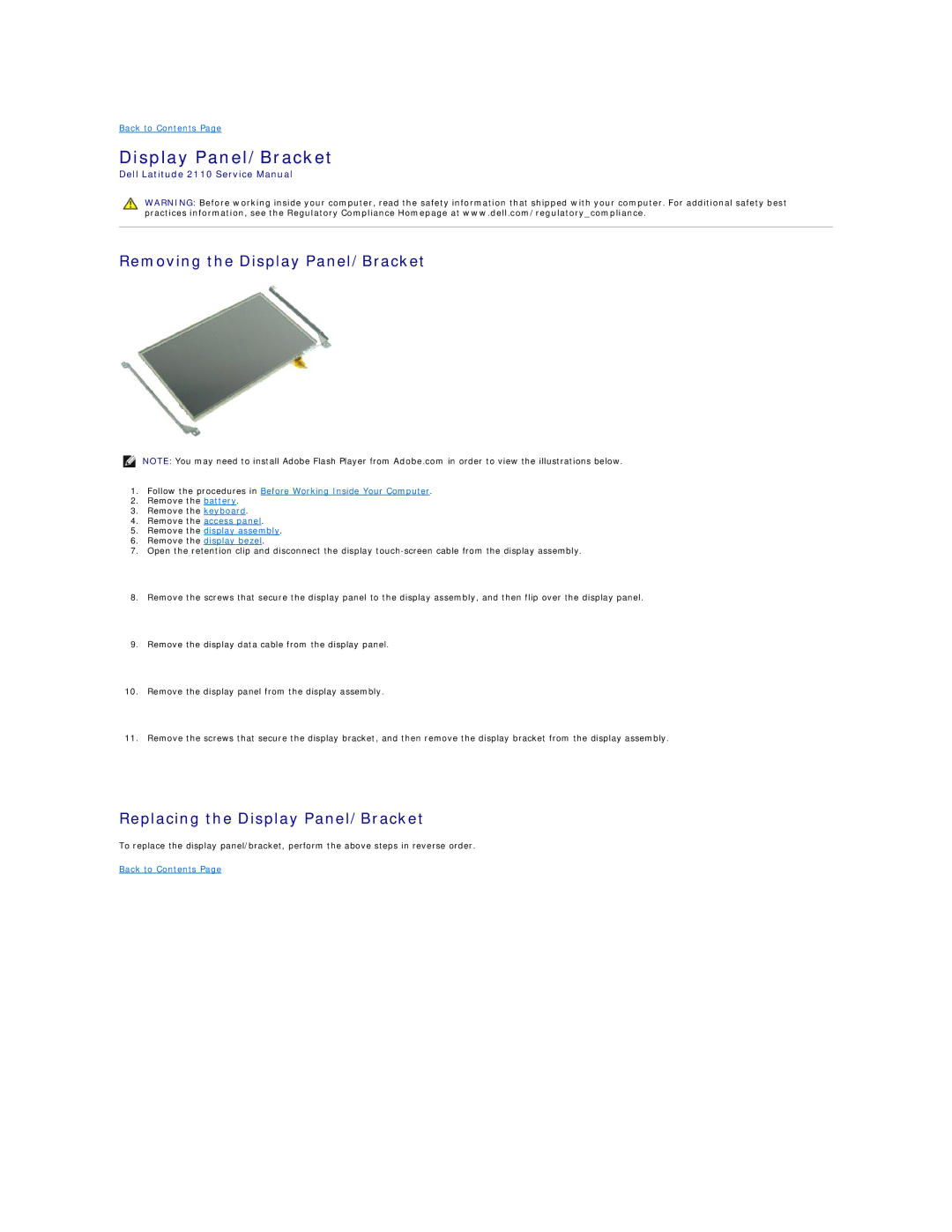 Dell 2110 service manual Removing the Display Panel/Bracket, Replacing the Display Panel/Bracket 