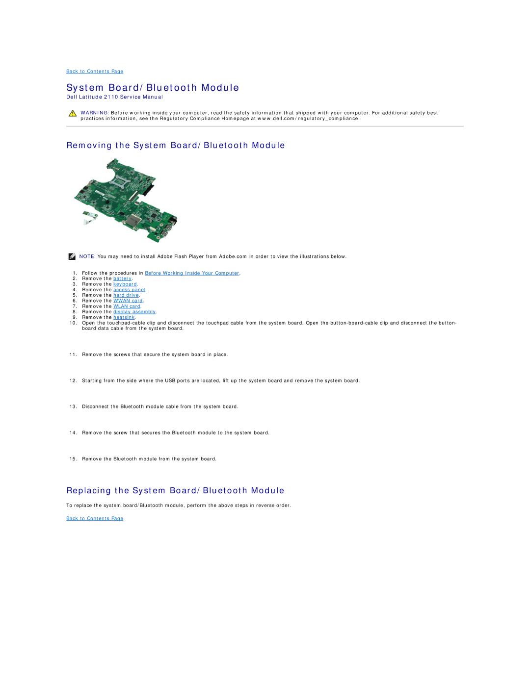 Dell 2110 service manual Removing the System Board/Bluetooth Module, Replacing the System Board/Bluetooth Module 