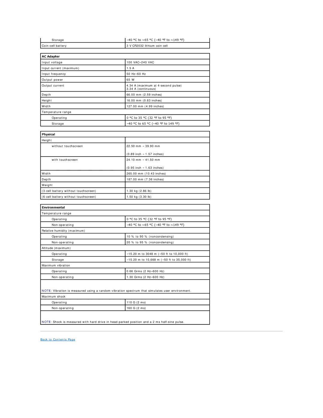 Dell 2110 service manual AC Adapter, Physical, Environmental 