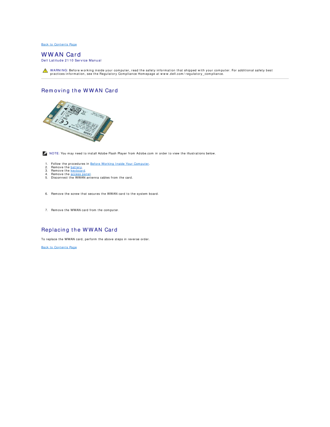 Dell 2110 service manual Removing the Wwan Card, Replacing the Wwan Card 