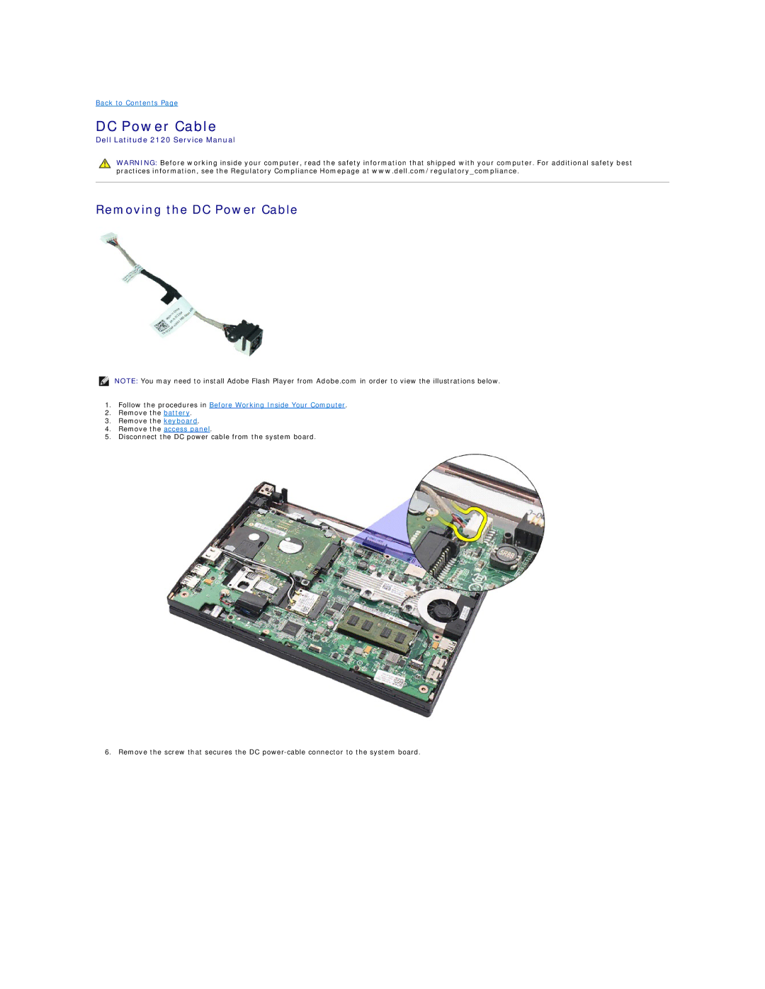 Dell 2120 service manual Removing the DC Power Cable 