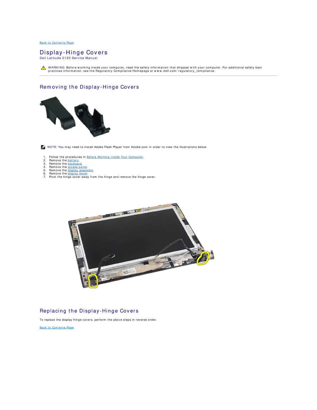 Dell 2120 service manual Removing the Display-Hinge Covers, Replacing the Display-Hinge Covers 