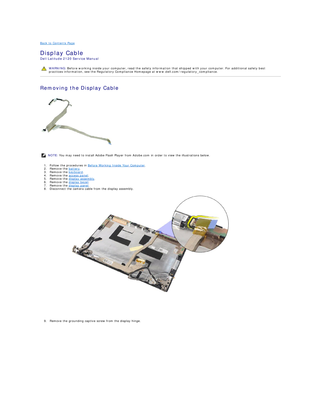 Dell 2120 service manual Removing the Display Cable 