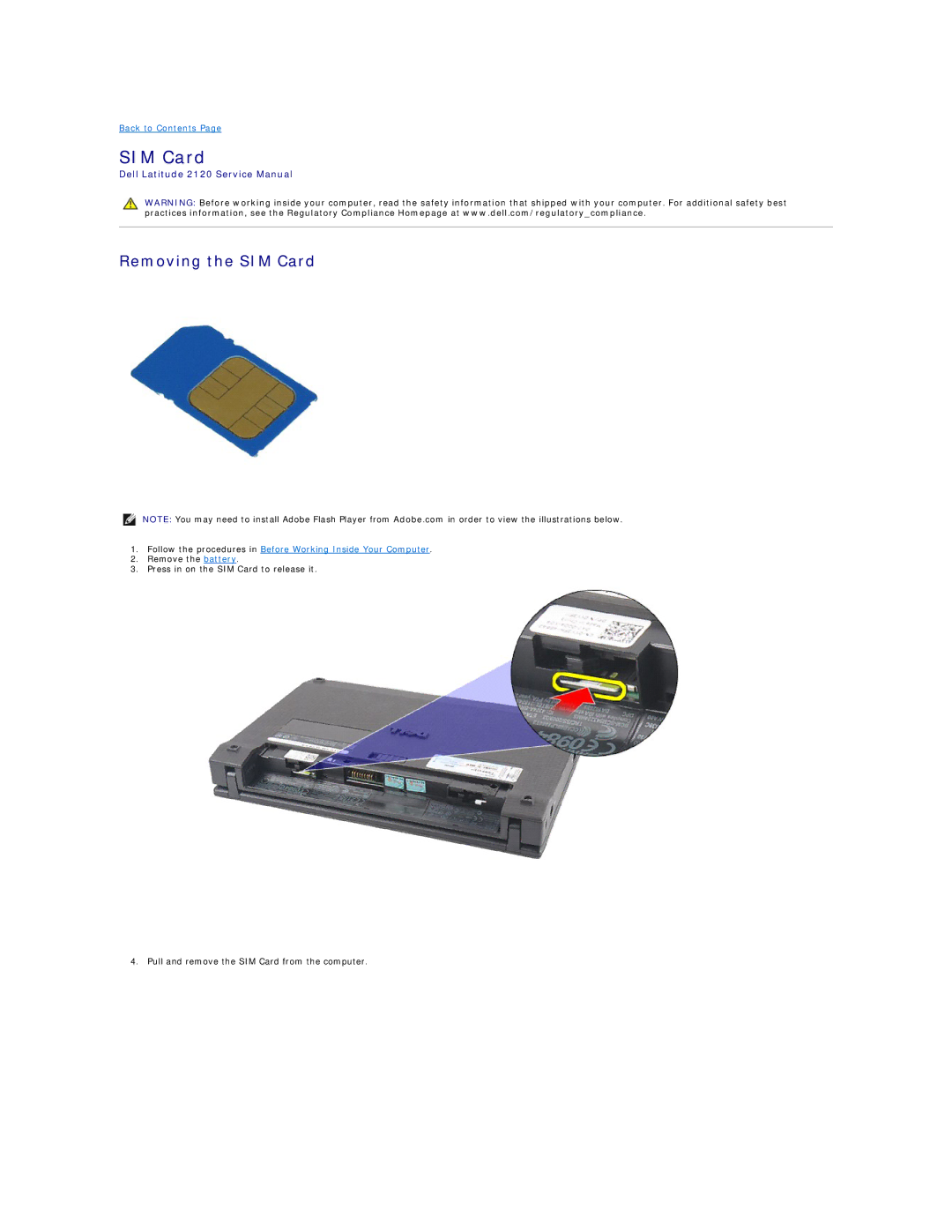 Dell 2120 service manual Removing the SIM Card 