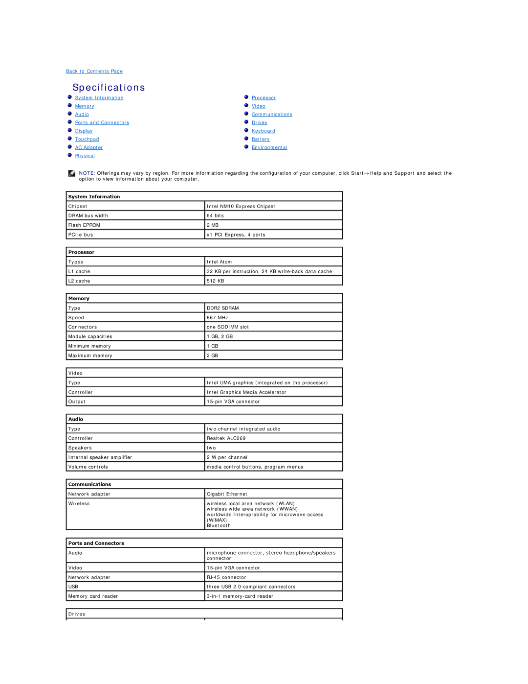 Dell 2120 service manual Specifications 