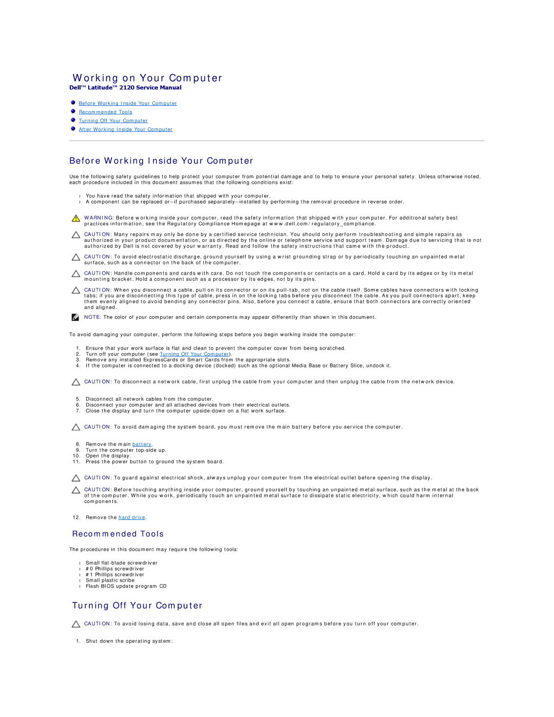 Dell 2120 service manual Working on Your Computer, Before Working Inside Your Computer, Turning Off Your Computer 