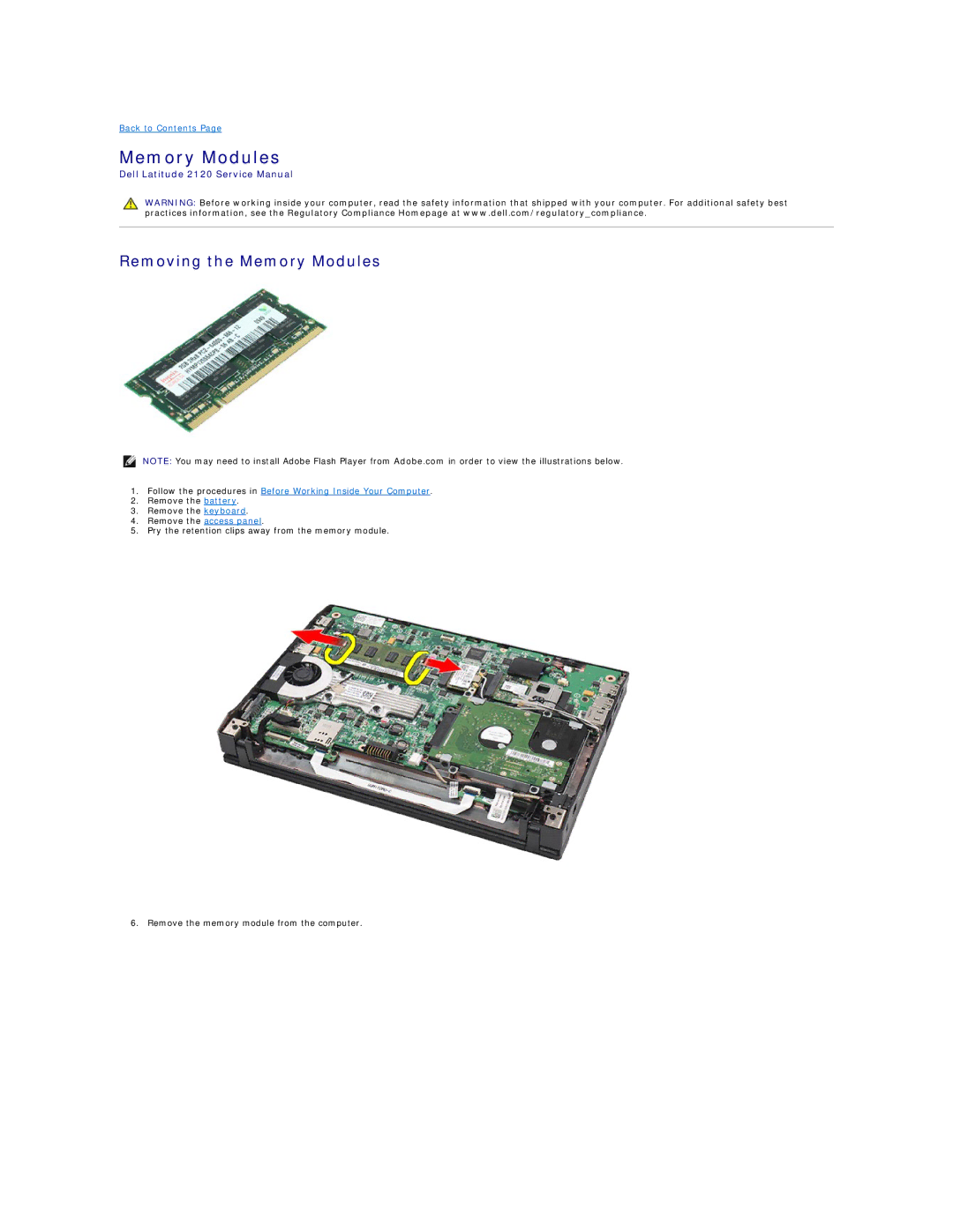 Dell 2120 service manual Removing the Memory Modules 