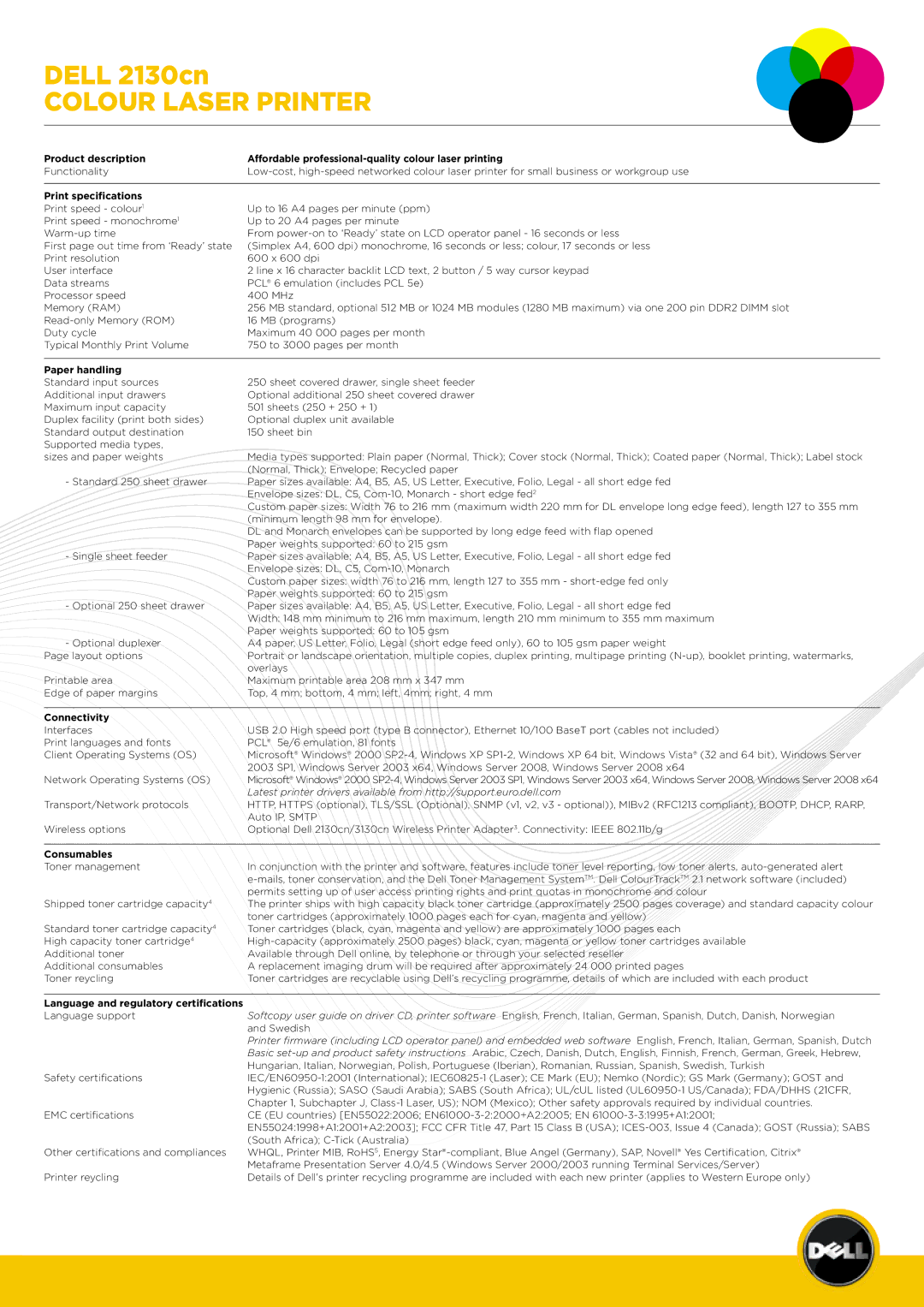 Dell 2130cn manual Print specifications, Paper handling, Consumables, Language and regulatory certifications 