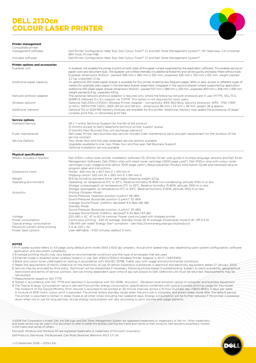 Dell 2130cn manual Printer management, Printer options and accessories, Service options, Physical specifications 