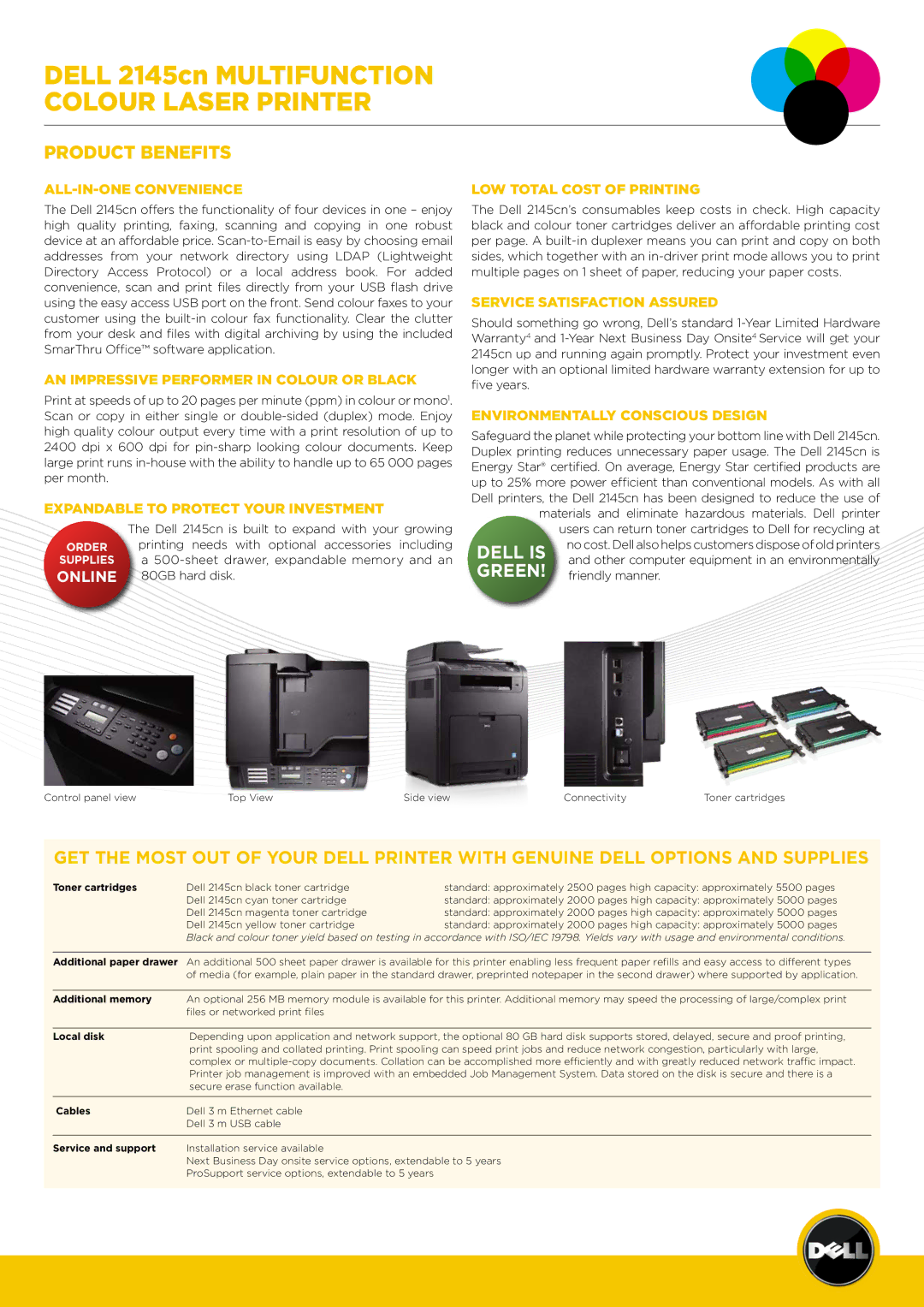 Dell 2145cn manual Toner cartridges, Additional paper drawer, Additional memory, Local disk, Cables, Service and support 