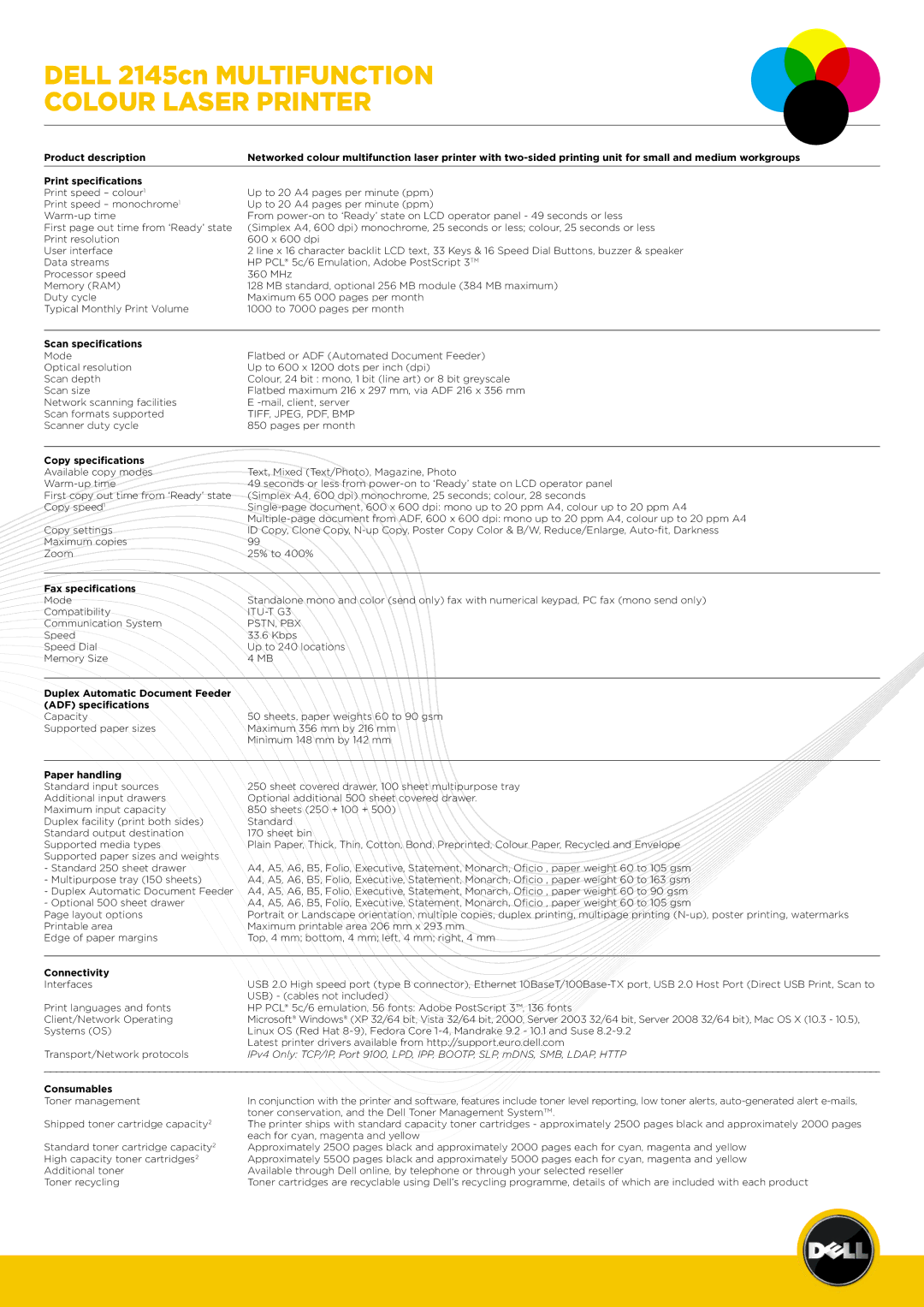 Dell 2145cn manual Scan specifications, Copy specifications, Fax specifications, Paper handling, Connectivity, Consumables 