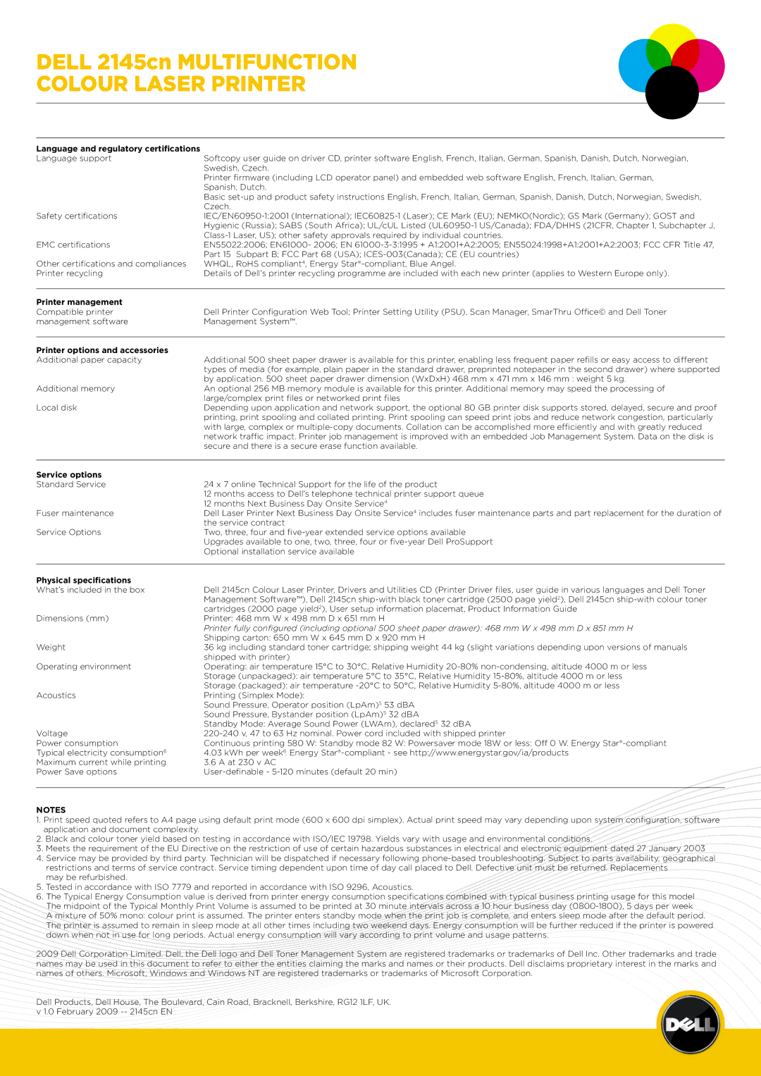 Dell 2145cn Language and regulatory certifications, Printer management, Printer options and accessories, Service options 