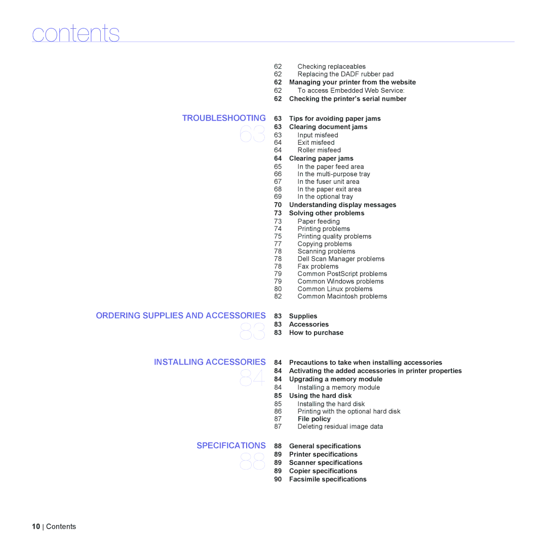 Dell 2145cn manual Managing your printer from the website, Clearing paper jams, Supplies, Using the hard disk, File policy 