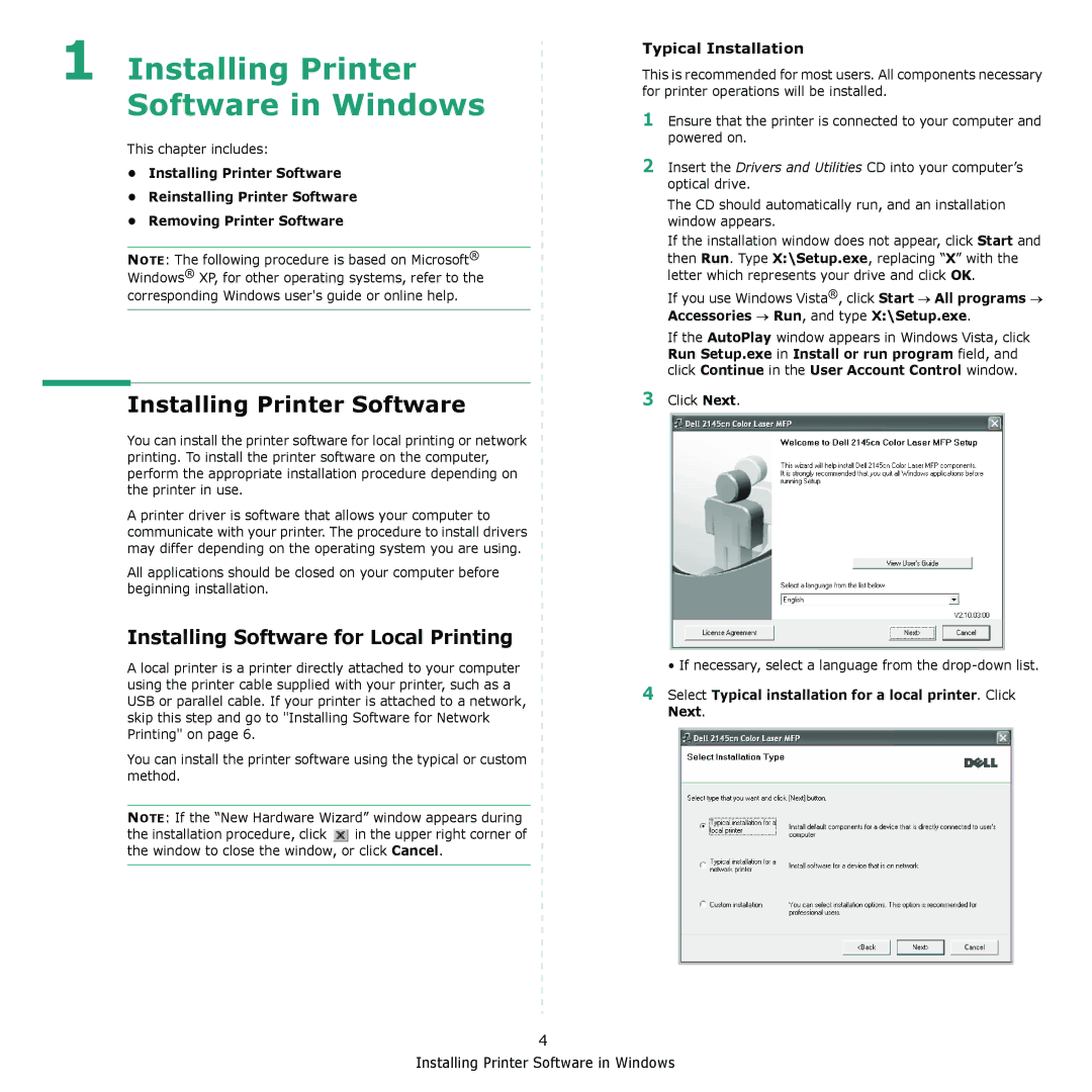 Dell 2145cn manual Installing Printer Software, Installing Software for Local Printing, Typical Installation 