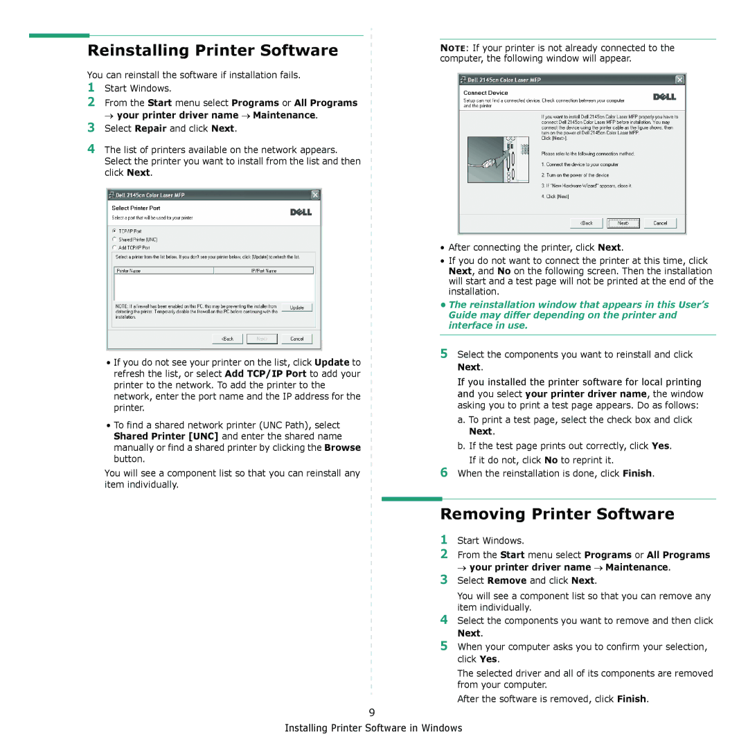 Dell 2145cn manual Reinstalling Printer Software, Removing Printer Software 