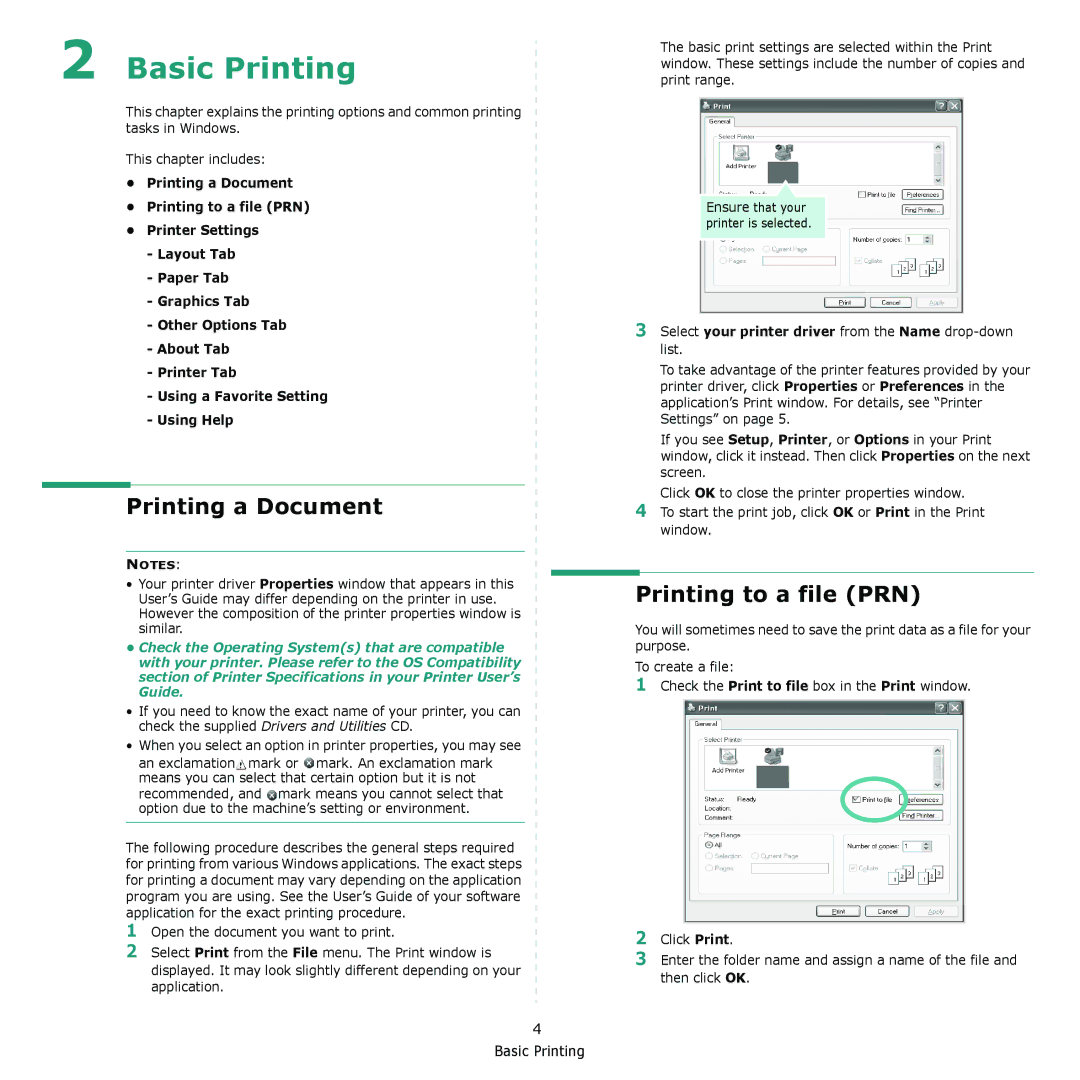 Dell 2145cn manual Printing a Document, Printing to a file PRN, Select your printer driver from the Name drop-down list 