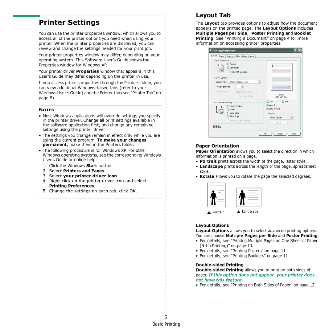 Dell 2145cn manual Printer Settings, Layout Tab, Paper Orientation 