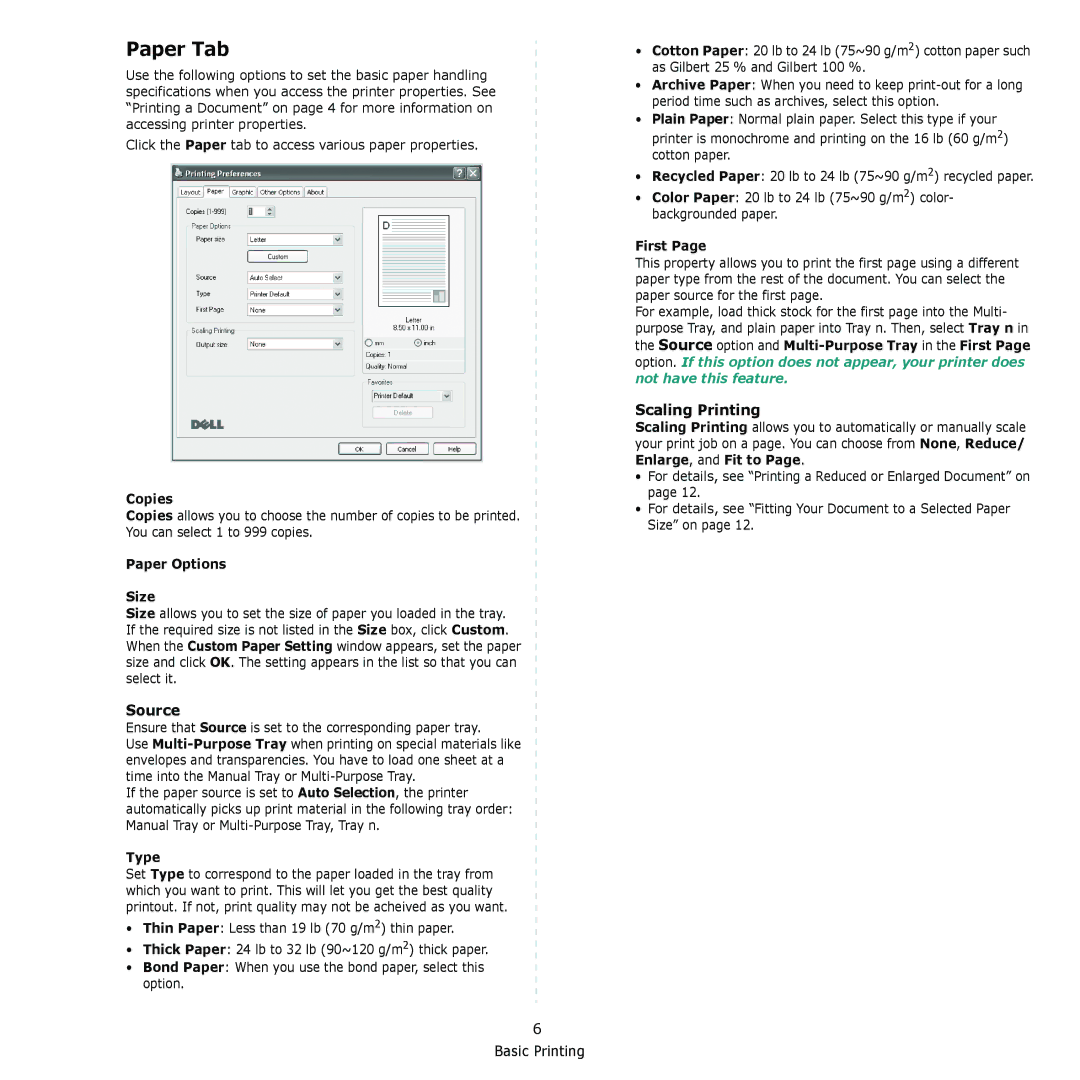 Dell 2145cn manual Paper Tab, Source, Scaling Printing 